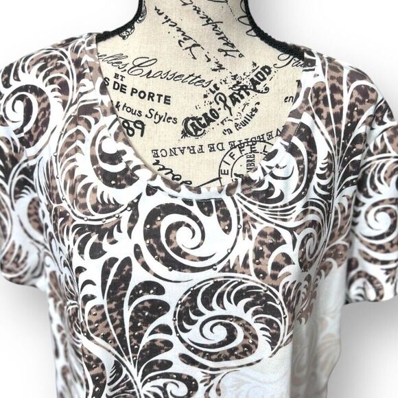 Chico's Zenergy 3 XL Brown White Scroll Top Beaded Stretch Knit Boho Blouse NWT - Picture 7 of 10